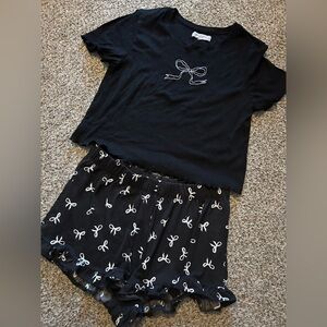 Grayson Social | Black & White Bow Printed Ruffle lettuce hem PJ set